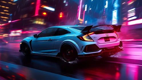 Honda Civic Type R in neon-soaked cyberpunk night rain city