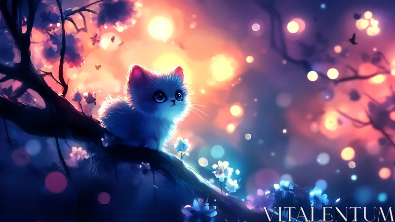 Luminous White Cat Perched on Glowing Branch