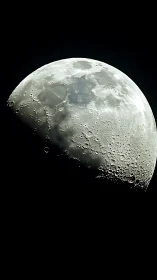 Lunar surface glows in high-contrast half-moon closeup view.