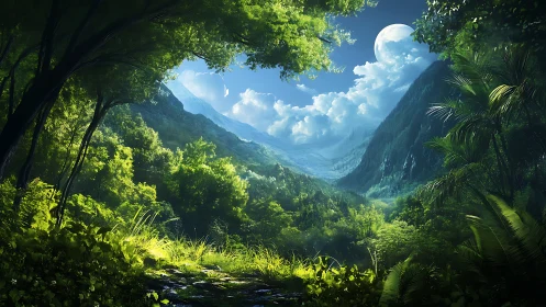 Hidden Valley: Sunlit Mountain Pass Through Dense Tropical Forest.