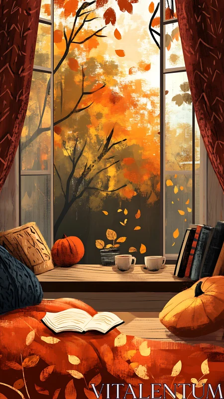 Autumn reading nook framed by window light and warm textiles