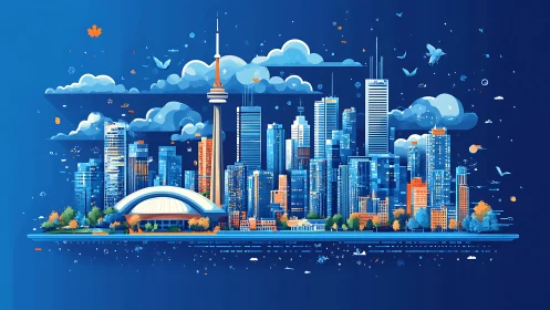 Toronto skyline unfolds in stylized blue city illustration.