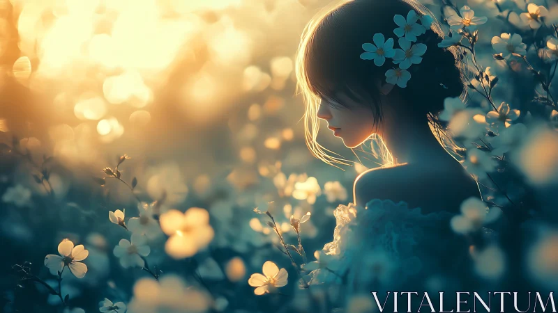 Dreamy girl in glowing flower field at golden hour light