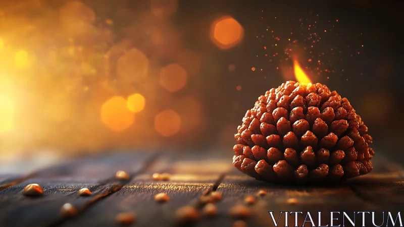 Single lit pinecone-shaped candle on wooden surface at dusk.