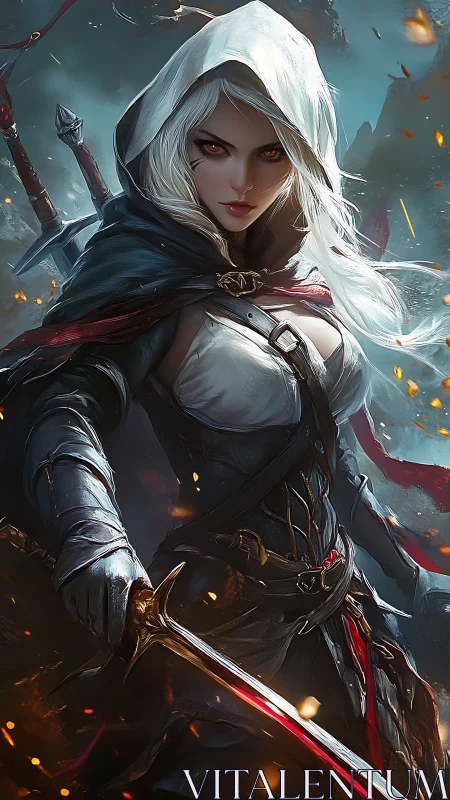 White hooded swordswoman with glowing red eyes in battle