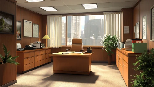 Sunlit executive office haven with warm wood and quiet power.