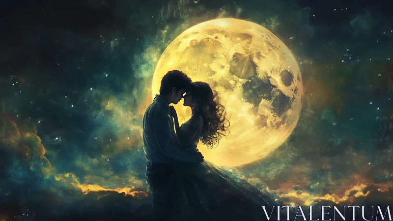 Silhouetted couple positioned against luminous moon backdrop