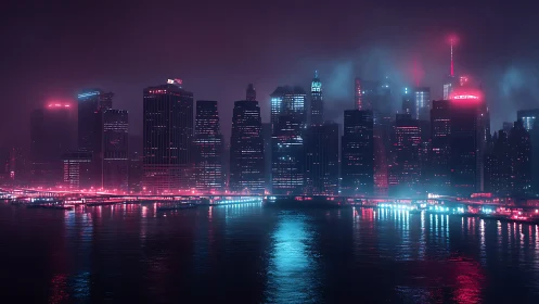 Neon skyline reflects across misty futuristic harbor waters