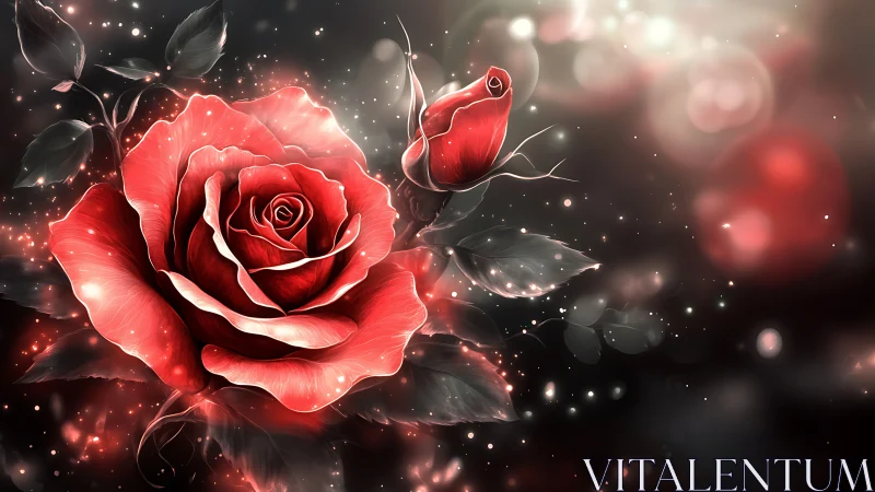 Red rose rendered with luminous particle effects and botanical elements.