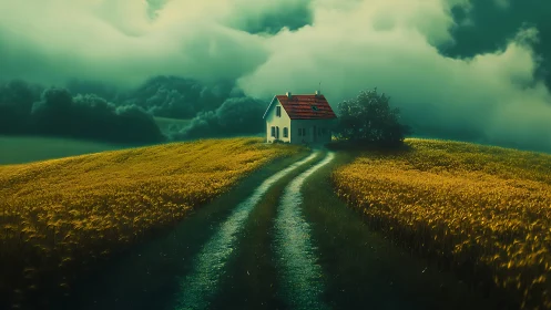Solitary farmhouse amid golden fields under storm clouds.