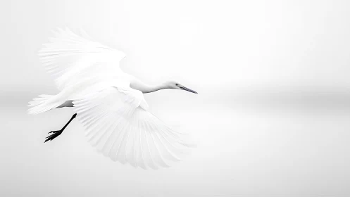 Great Egret in Flight: Minimalist White Avian Study.