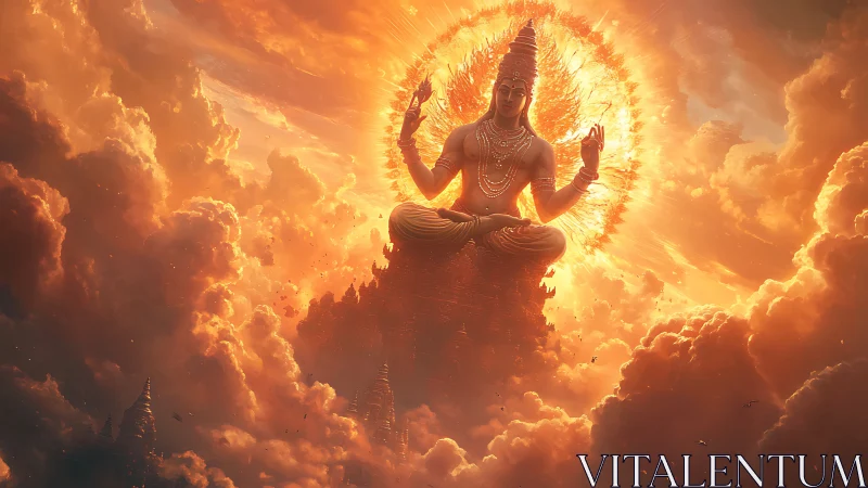 Radiant celestial deity seated above blazing cloud kingdom