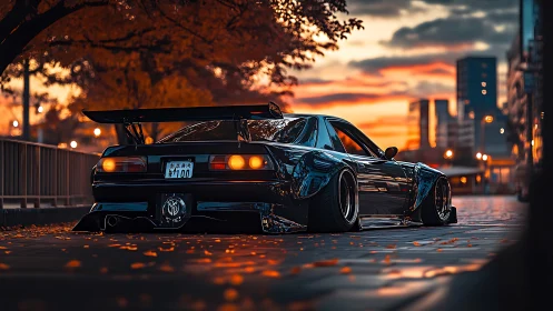 Lowered street racer coupe under cinematic autumn sunset.
