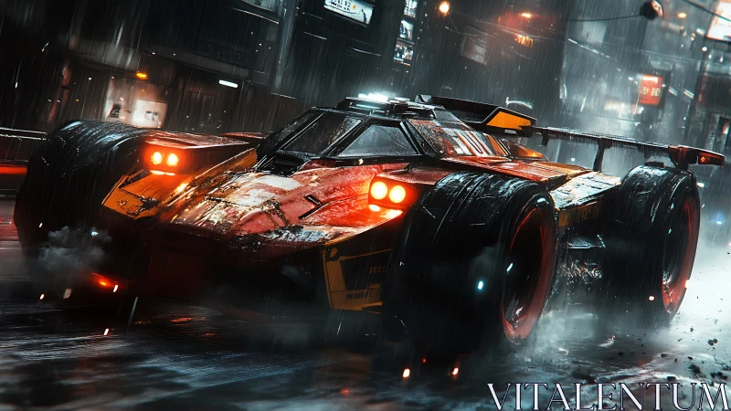 Futuristic race car on wet neon city street at night.