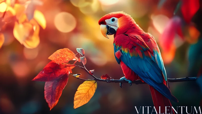 Vibrant Scarlet Macaw on Autumn Branch, Soft Bokeh Background.