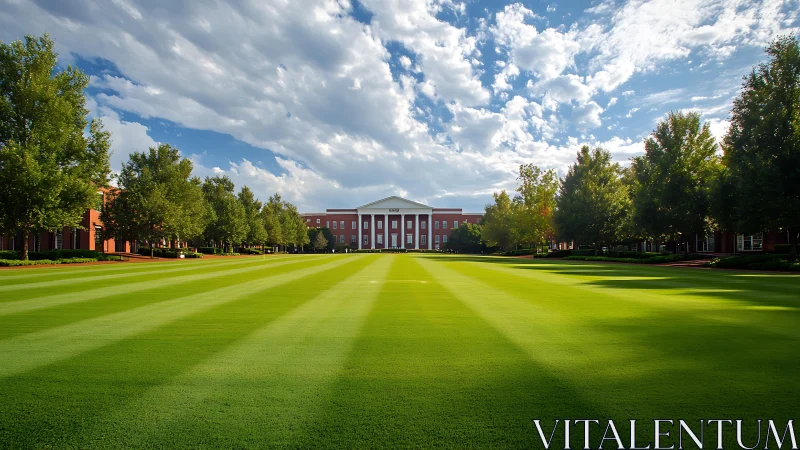 Symmetrical campus lawn leads toward distant neoclassical hall