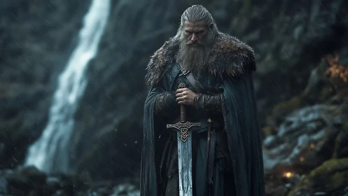 Weathered warrior with greatsword in stormy waterfall gorge.