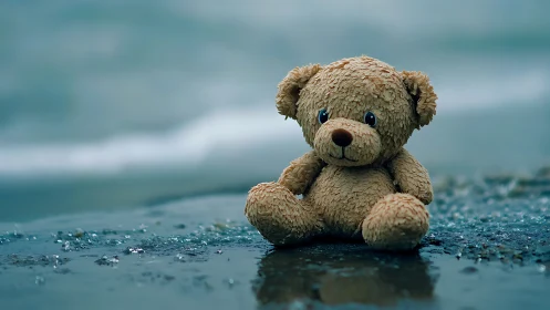 Stuffed bear toy on wet shoreline with blurred seascape background.