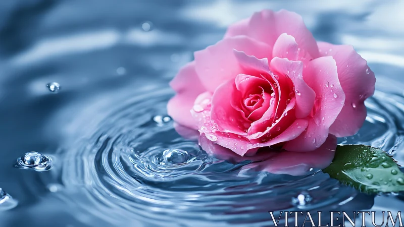 Pink rose floating on rippling blue water with dewdrops.