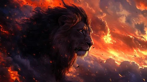 Majestic lion profile emerging from turbulent fiery clouds