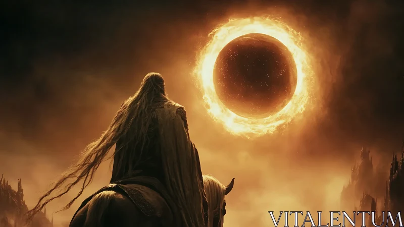 Rider observing fiery eclipse above obscured landscape.