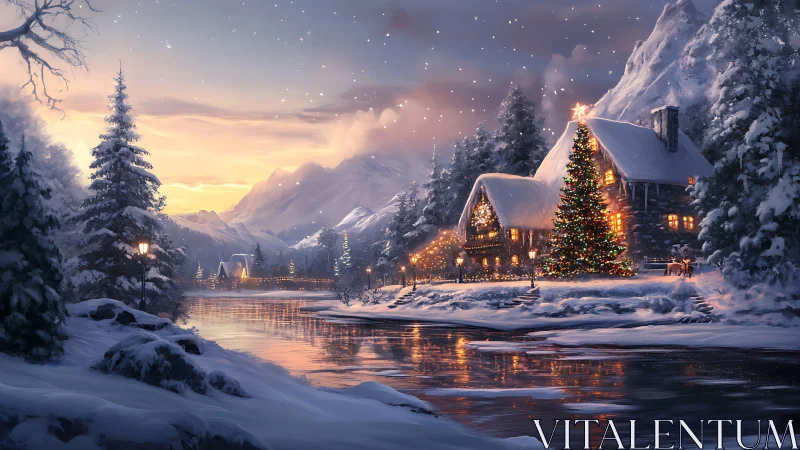 Snow-covered riverside cabins are depicted at winter dusk