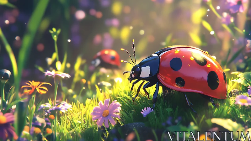 Sunlit ladybug crossing dewy meadow of vivid blossoms.