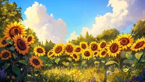 Sunflower meadow under radiant clouds in summer light.