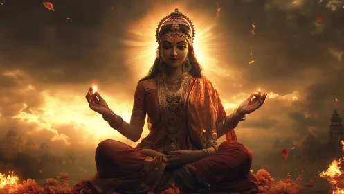 Radiant goddess meditates amid glowing clouds and temples
