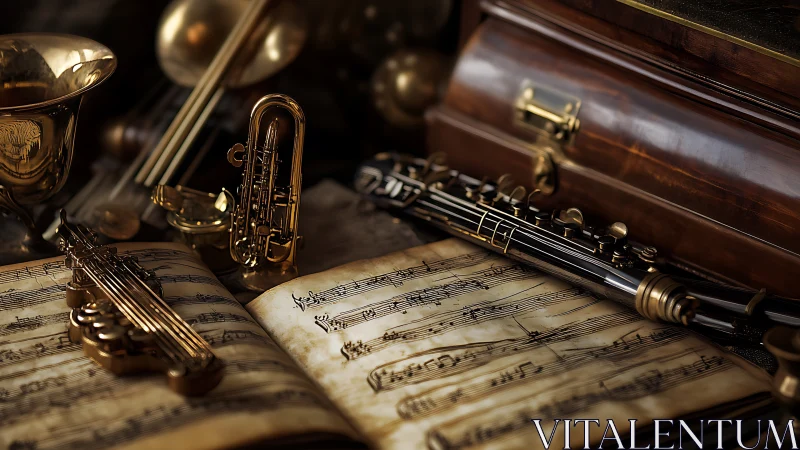 Golden chamber orchestra rests atop timeworn sheet music.