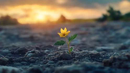 Tiny yellow bloom rewrites the barren ground at sunrise