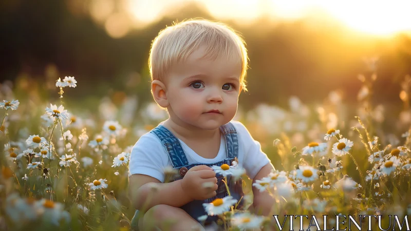 Toddler in Daisy Field at Golden Hour.