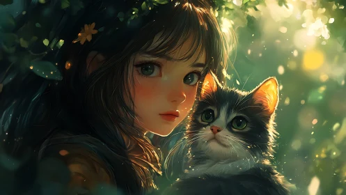Backlit girl and cat rendered with soft bokeh and rim lighting
