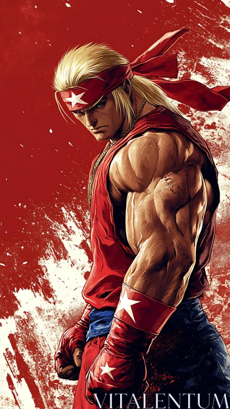 Muscular headband fighter in dynamic red vector composition.