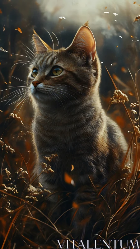 Tabby cat watches drifting petals in warm dusk field.