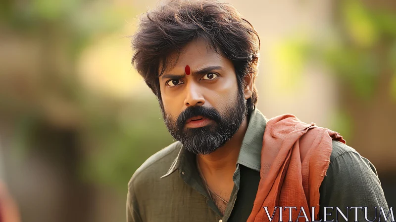 Warm village gaze framed by sunlight and quiet strength.