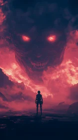 Lone wanderer facing a colossal ember eyed storm spirit.