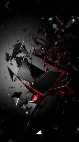 Shattered black and red glass explodes in dramatic motion