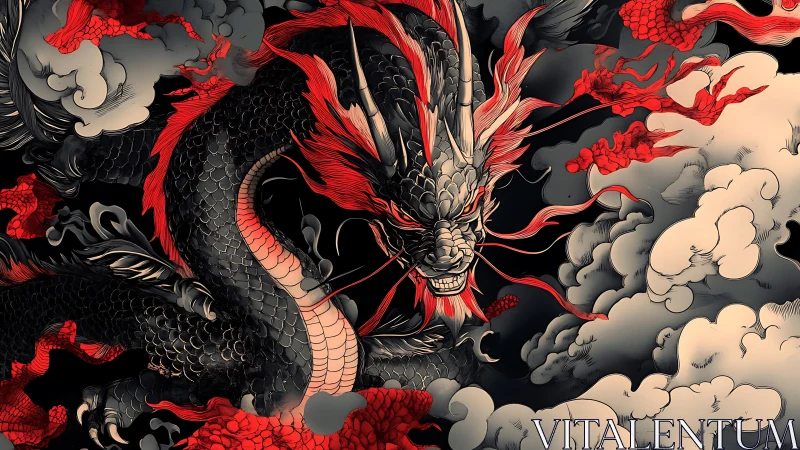 Ferocious black and red dragon coils through storm clouds.