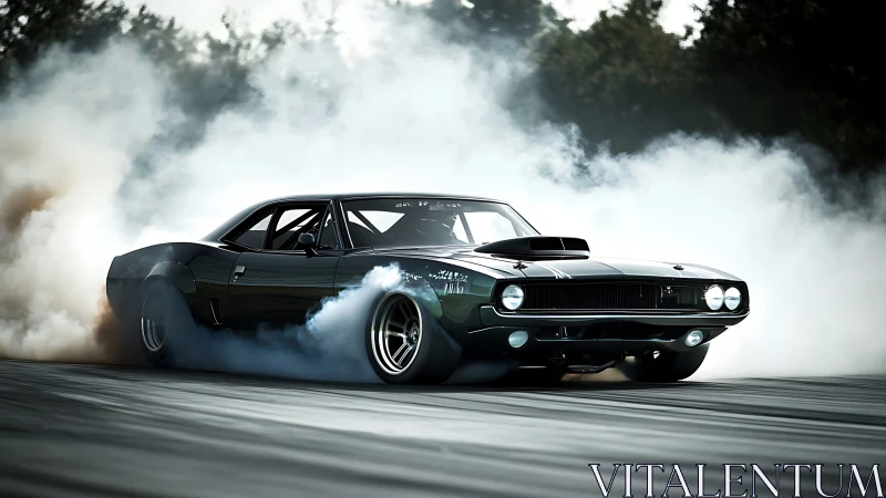 High-torque muscle car executing controlled drift maneuver.