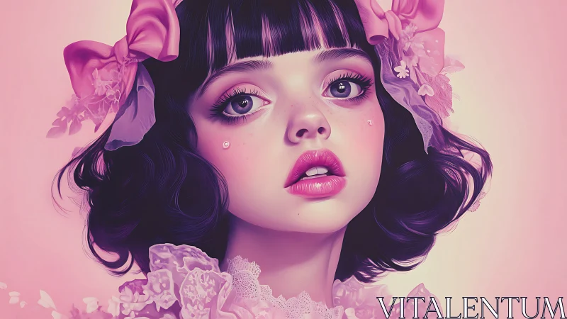 Pink pastel portrait of doll-like girl in lace bows.