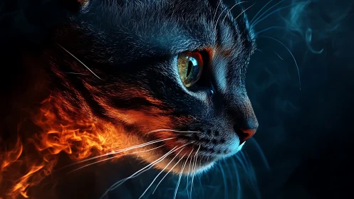 Feline Emerges from Inferno Against Cosmic Darkness.