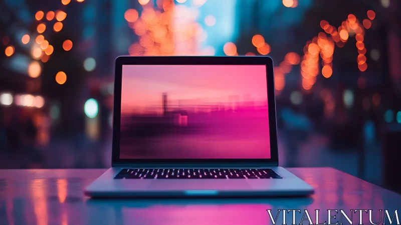 Laptop computer on reflective surface in blurred urban setting