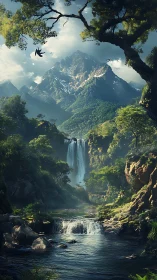 Mountain crown listens while twin waterfalls whisper below