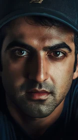 Close cropped portrait of man in cap with neutral gaze.