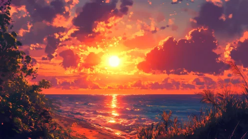 High-saturation digital seascape renders sunlit clouds and surf