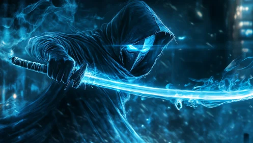 Cybernetic wraith swordsman with luminous katana arc rendering.