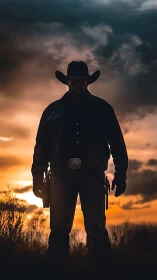 Lone cowboy silhouette stands against a blazing sunset sky.