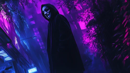 Hooded masked figure dominates neon cyberpunk alleyway scene