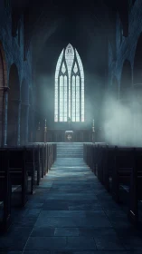Gothic church nave glows with misty stained glass light.